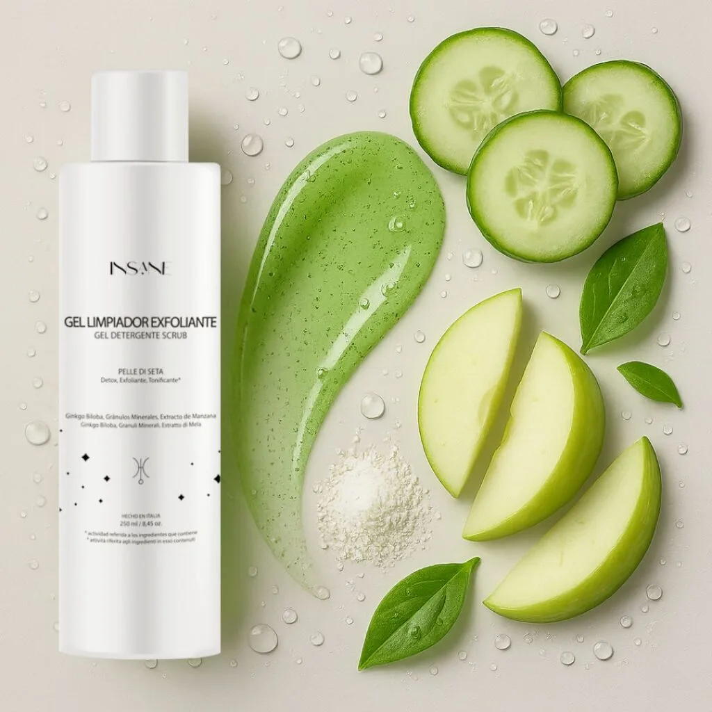 Insane Glow exfoliating cleansing gel and hyaluronic acid toner with aloe and cucumber background