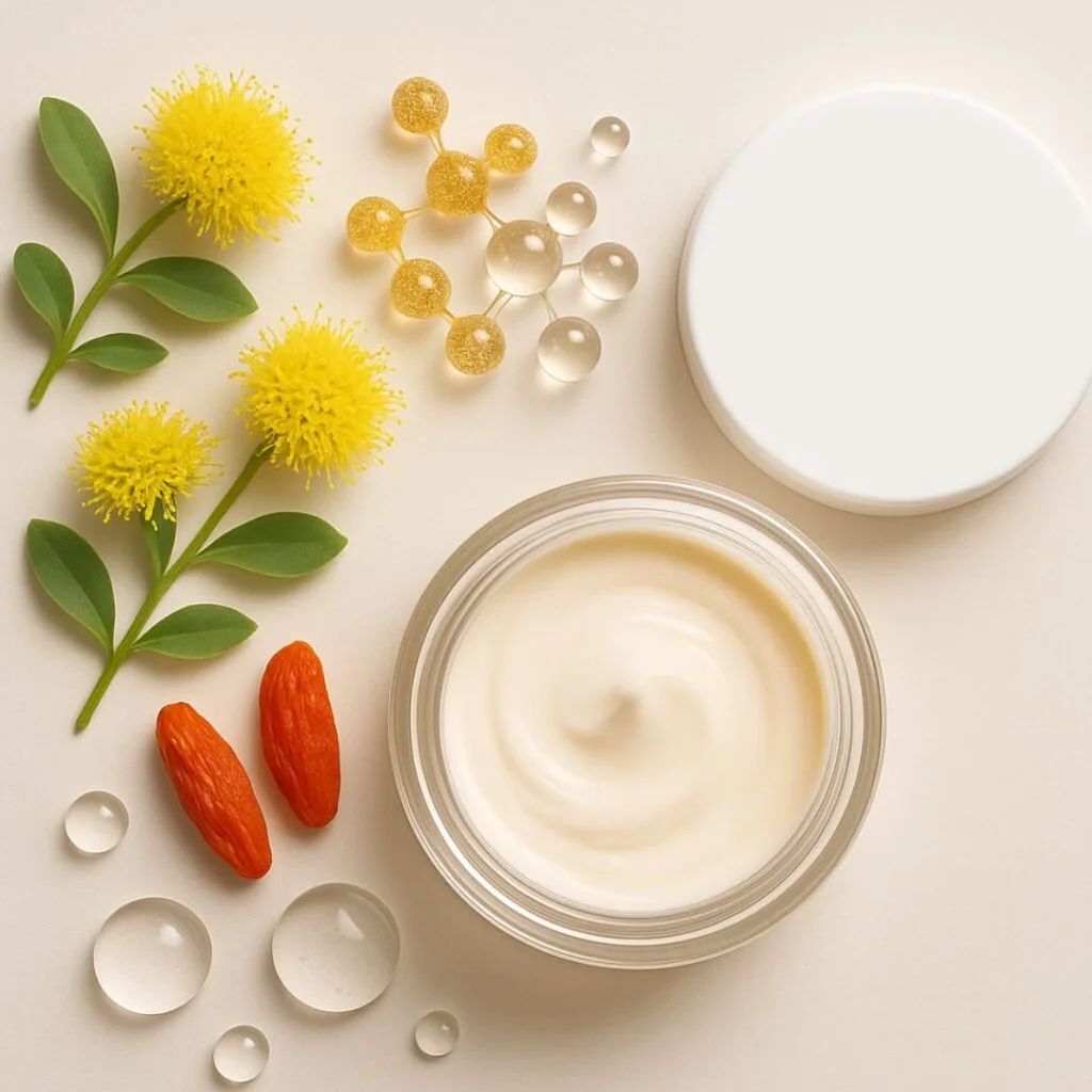 Insane Glow Pro-Collagen Marine Cream and V-Y Shape Remodeling Cream on swirled skincare texture